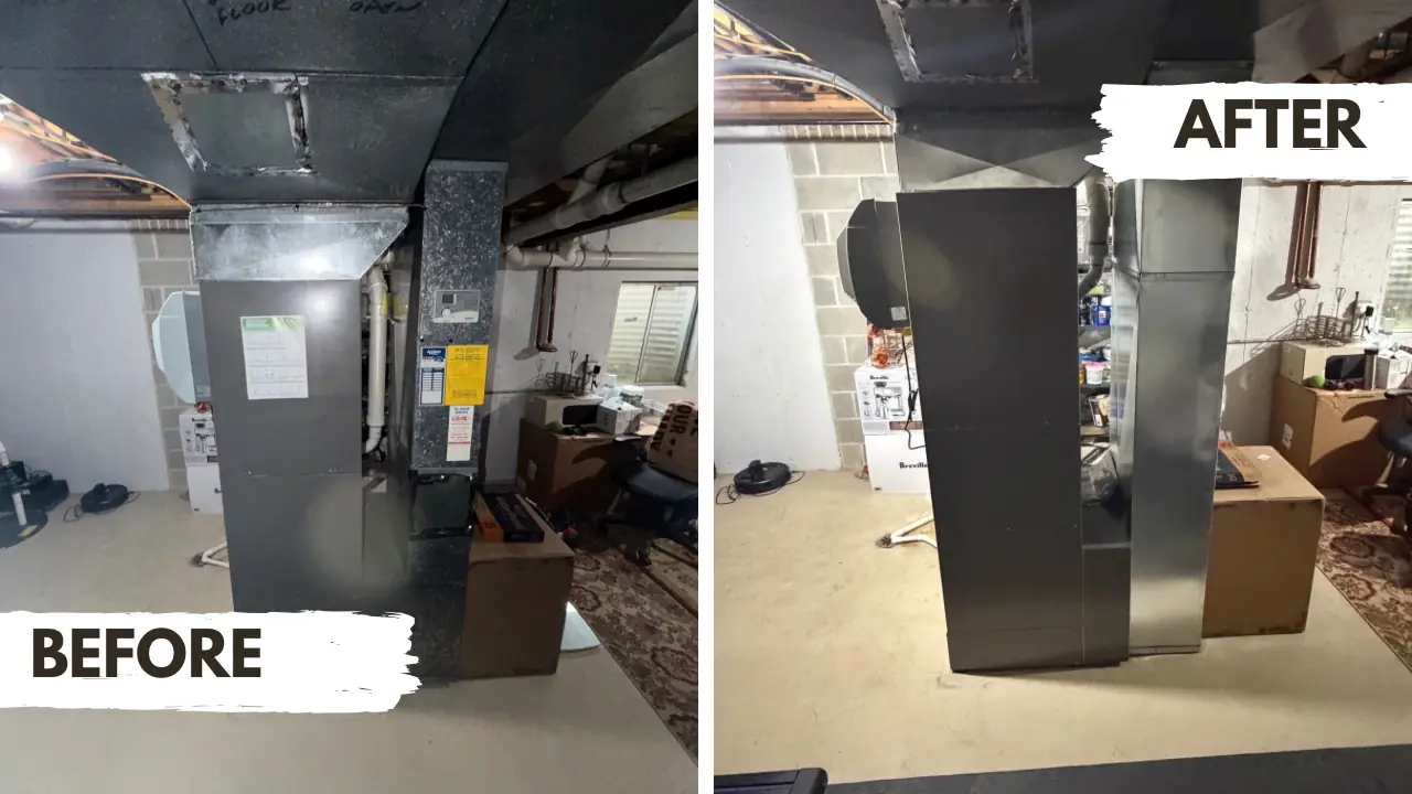 Before and after of a furnace replacement in a Hoffman Estates, IL basement, old furnace on the left and new Lennox system with new sheet metal on the right
