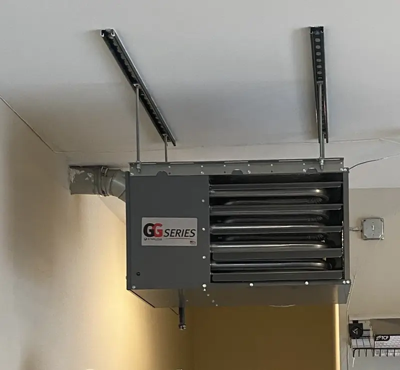 Ceiling-hung garage heater installed in an Inverness, IL garage