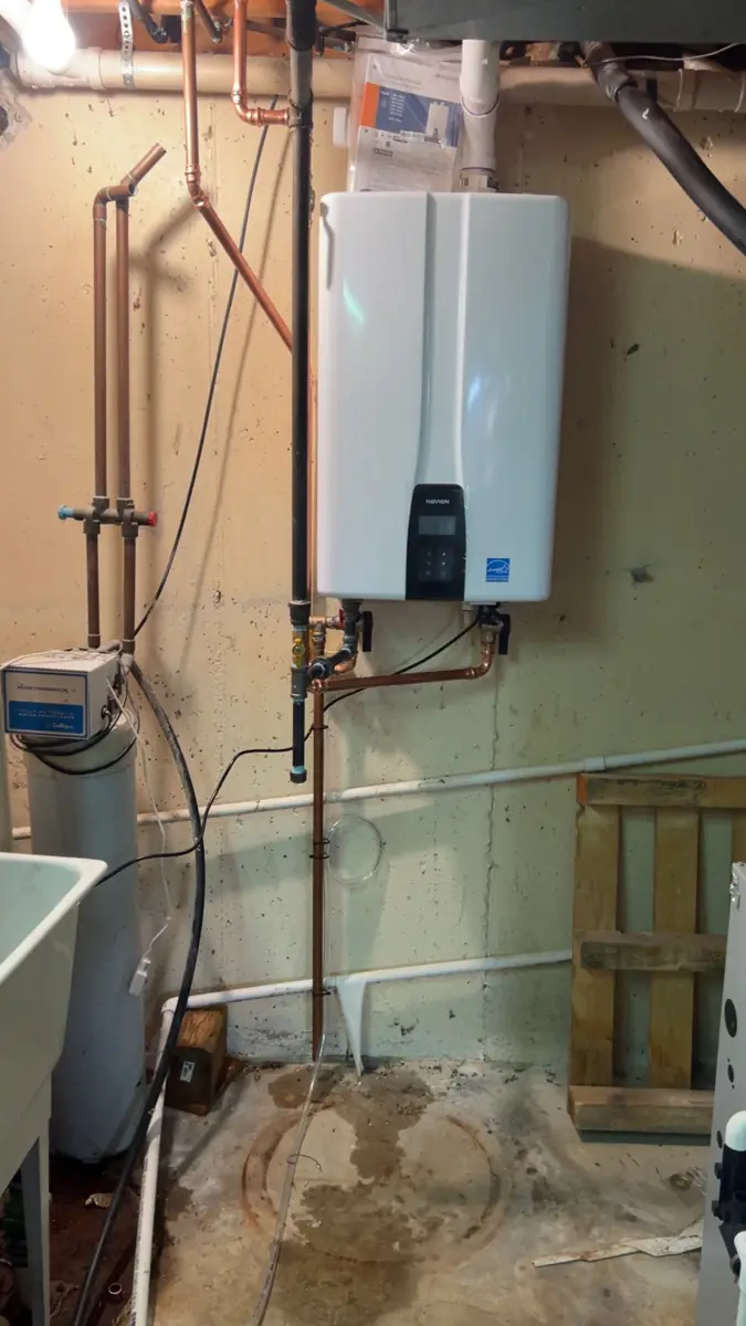 New Navien tankless water heater installed in a Schaumburg, IL basement