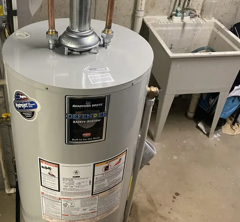 New Bradford White gas water heater installed by Pure Comfort in a South Elgin, IL basement
