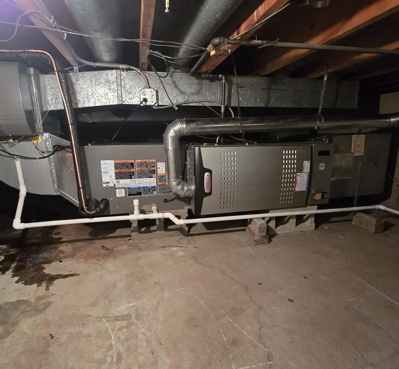 New Lennox horizontal furnace and coil installed by Pure Comfort in an Elk Grove Village, IL crawl space